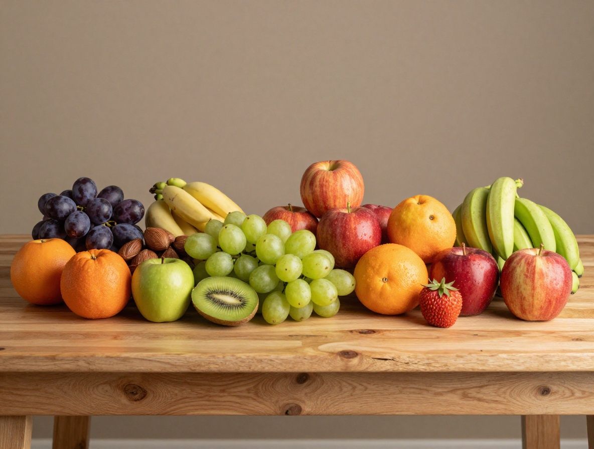 Mesa de madera rústica con una variedad colorida de frutas, verduras, frutos secos y legumbres frescos, representando una alimentación natural y equilibrada con luz natural suave