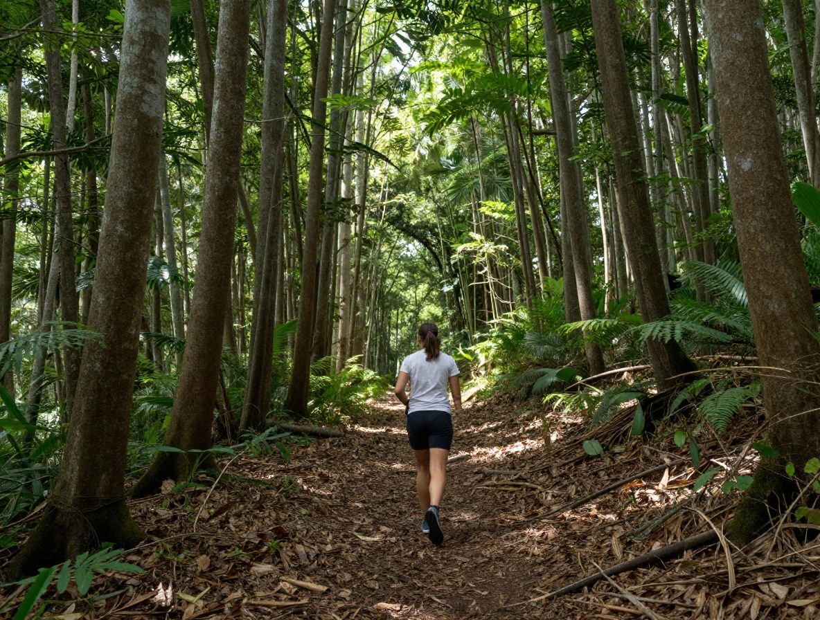 Senderista caminando por sendero forestal con árboles altos y luz filtrándose entre las ramas, perspectiva desde atrás mostrando inmersión en la naturaleza