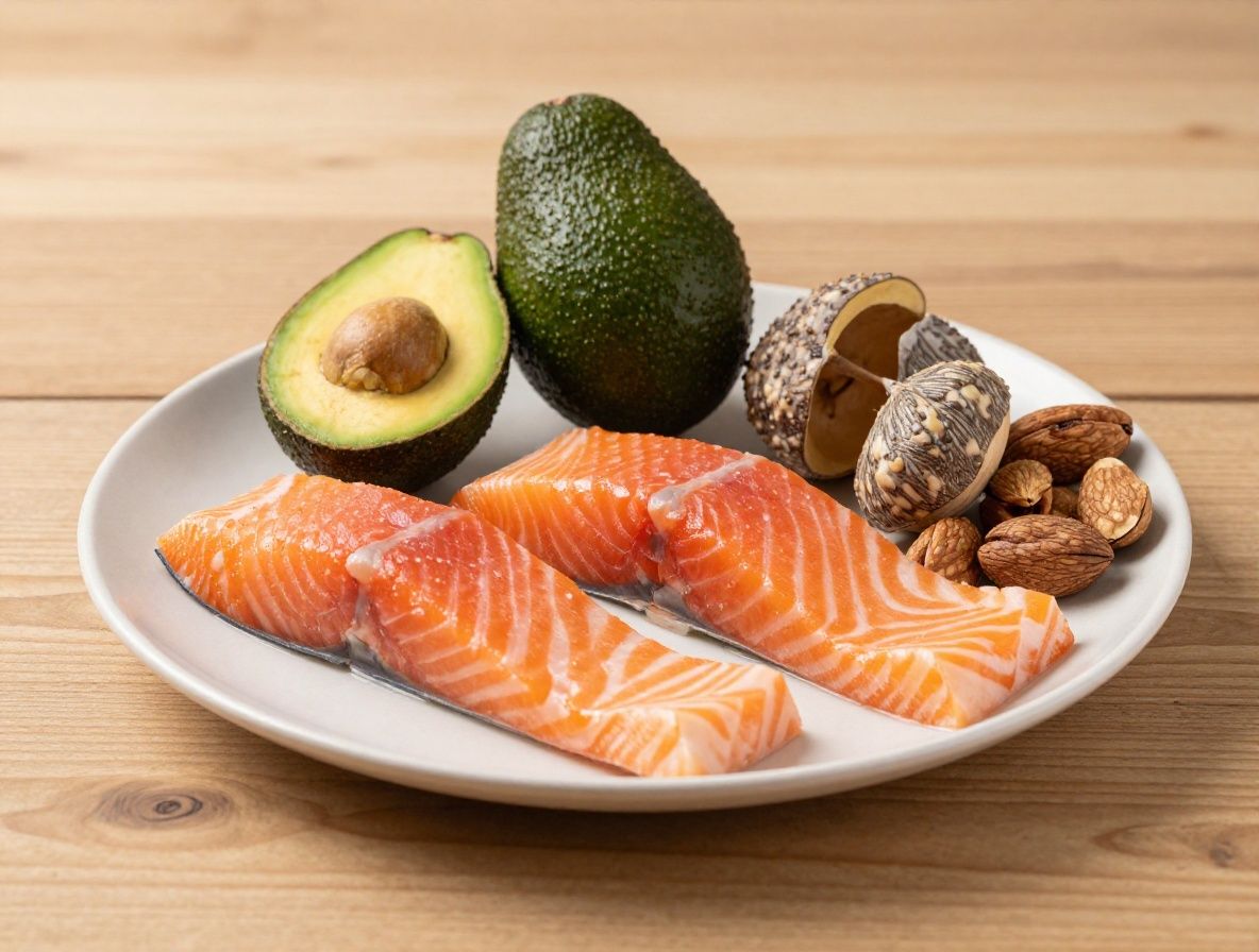 Selección de alimentos ricos en colágeno y nutrientes para la piel: caldo de huesos, pescado, frutas cítricas, aguacate y frutos secos sobre tabla de madera con luz cálida lateral