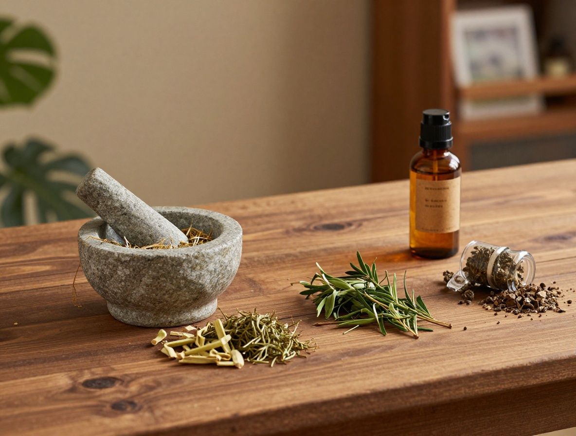 Selección de hierbas medicinales y plantas aromáticas secas dispuestas sobre una mesa de madera rústica, con mortero de piedra y frascos de vidrio, iluminación cálida de estudio