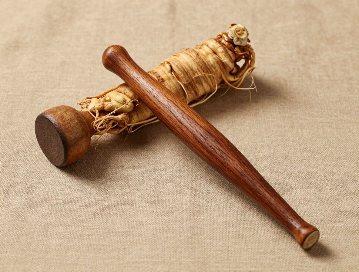 Raíces y extractos de plantas adaptógenas como ginseng y ashwagandha dispuestos sobre tela de lino natural, con mortero de madera y fondo oscuro cálido, fotografía de estilo documental