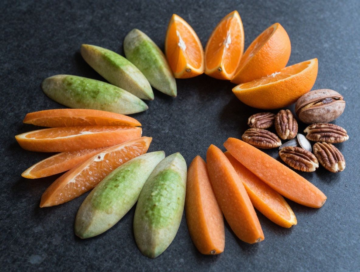 Composición artística de alimentos ricos en vitaminas: naranjas, verduras de hoja verde, nueces, semillas y frutas del bosque sobre superficie de pizarra oscura con luz lateral cálida